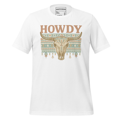 White t-shirt with graphic of bull skull, aztec pattern, and words howdy across the top #white
