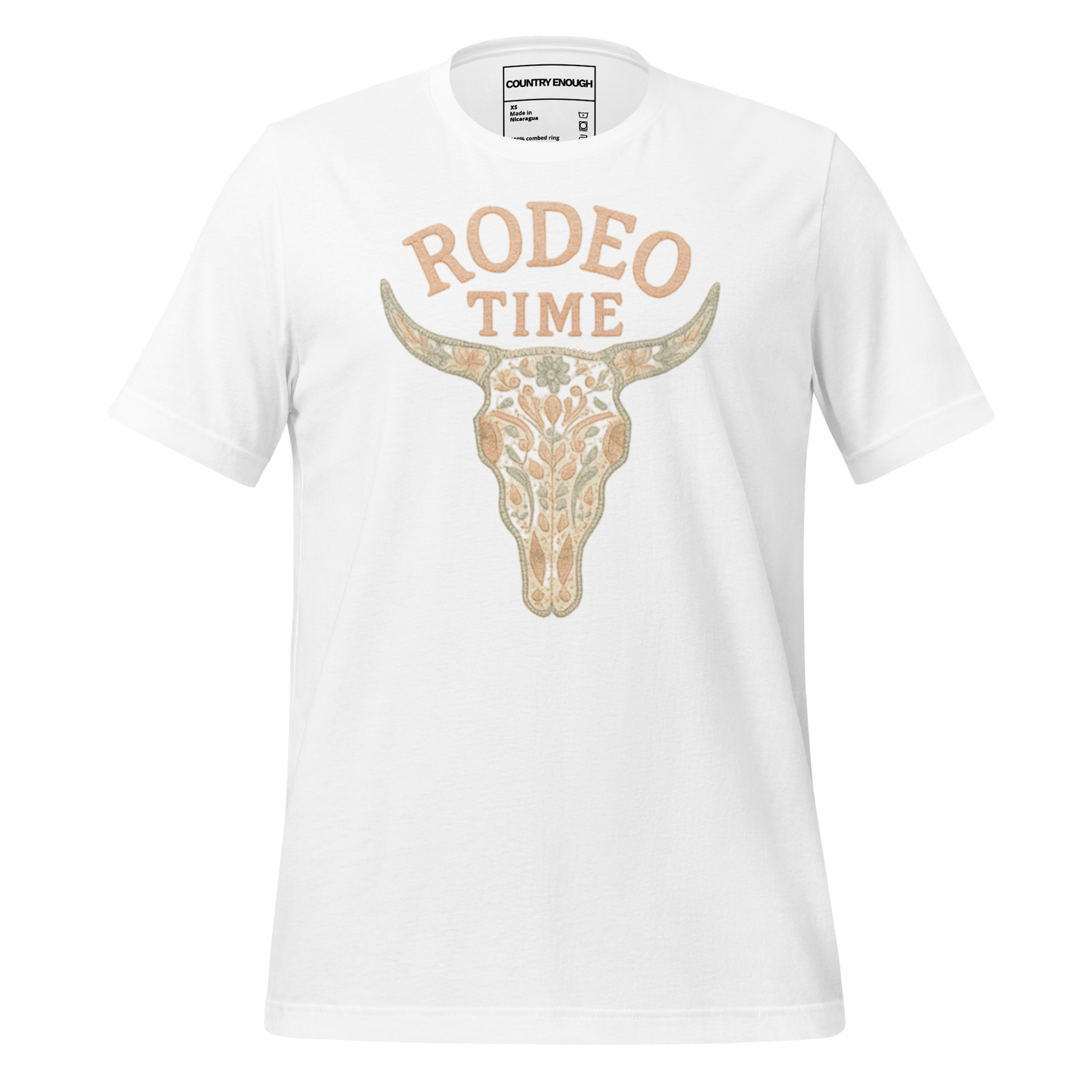 White t-shirt with graphic of a bull skull filled with flower pattern and the words rodeo time above #white