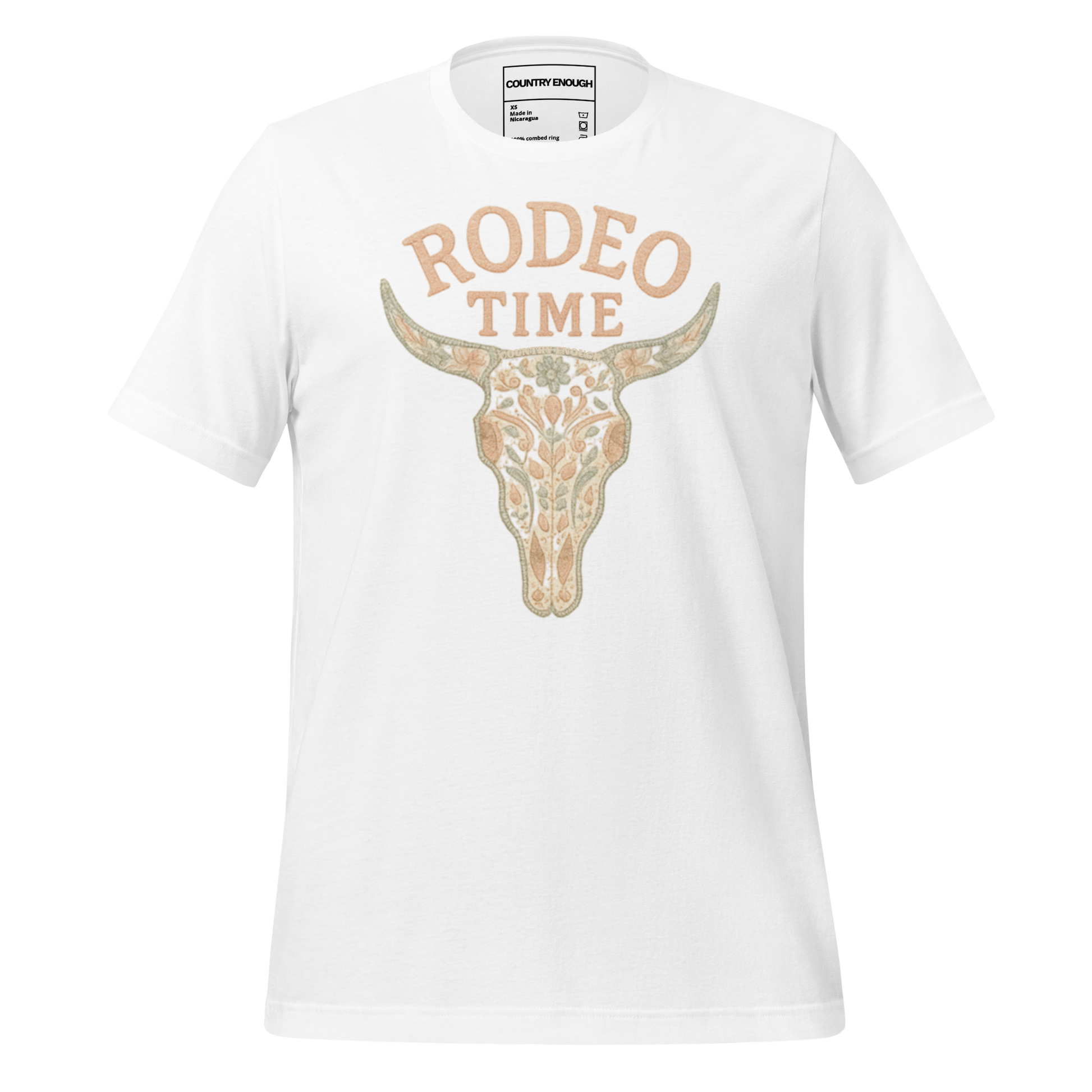 White t-shirt with graphic of a bull skull filled with flower pattern and the words rodeo time above #white