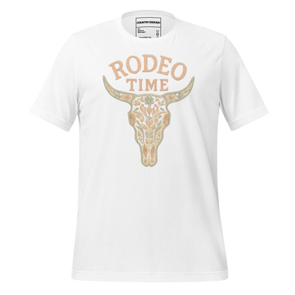 White t-shirt with graphic of a bull skull filled with flower pattern and the words rodeo time above #white