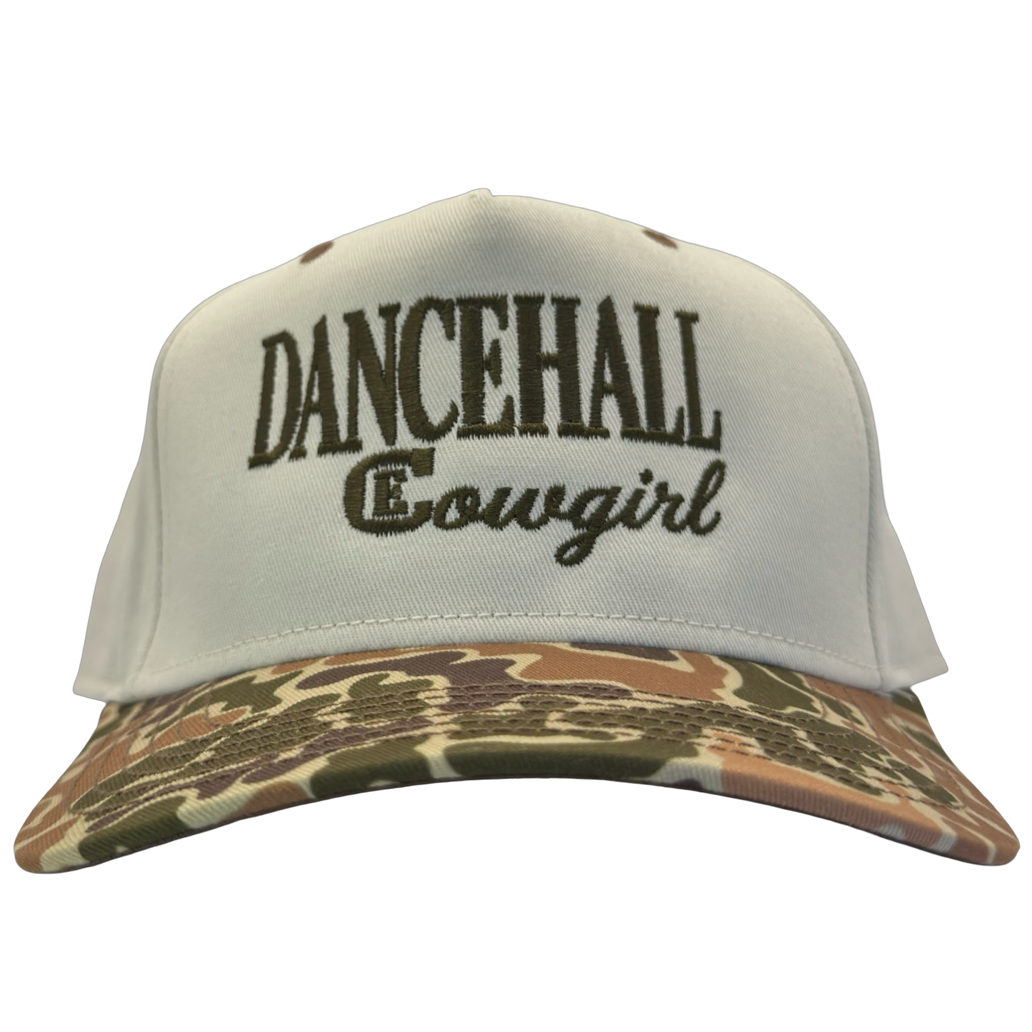 legacy heritage snapback hat with the words dancehall cowgirl and graphic of CE logo #duckcamo