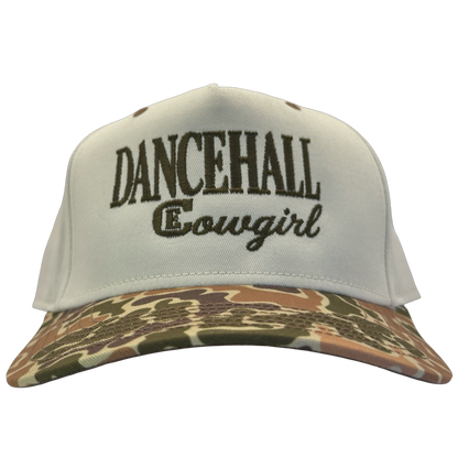 legacy heritage snapback hat with the words dancehall cowgirl and graphic of CE logo #duckcamo
