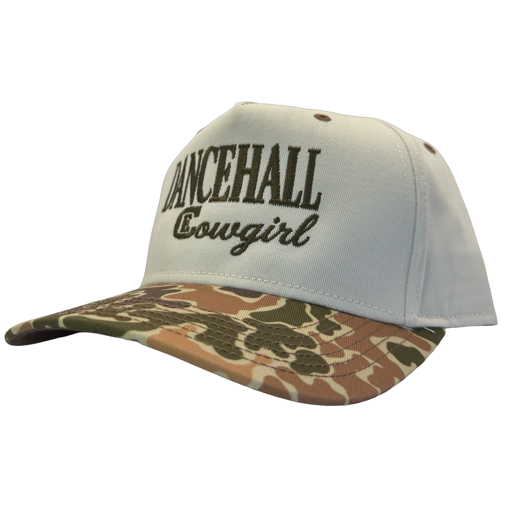 legacy heritage snapback hat with the words dancehall cowgirl and graphic of CE logo #duckcamo