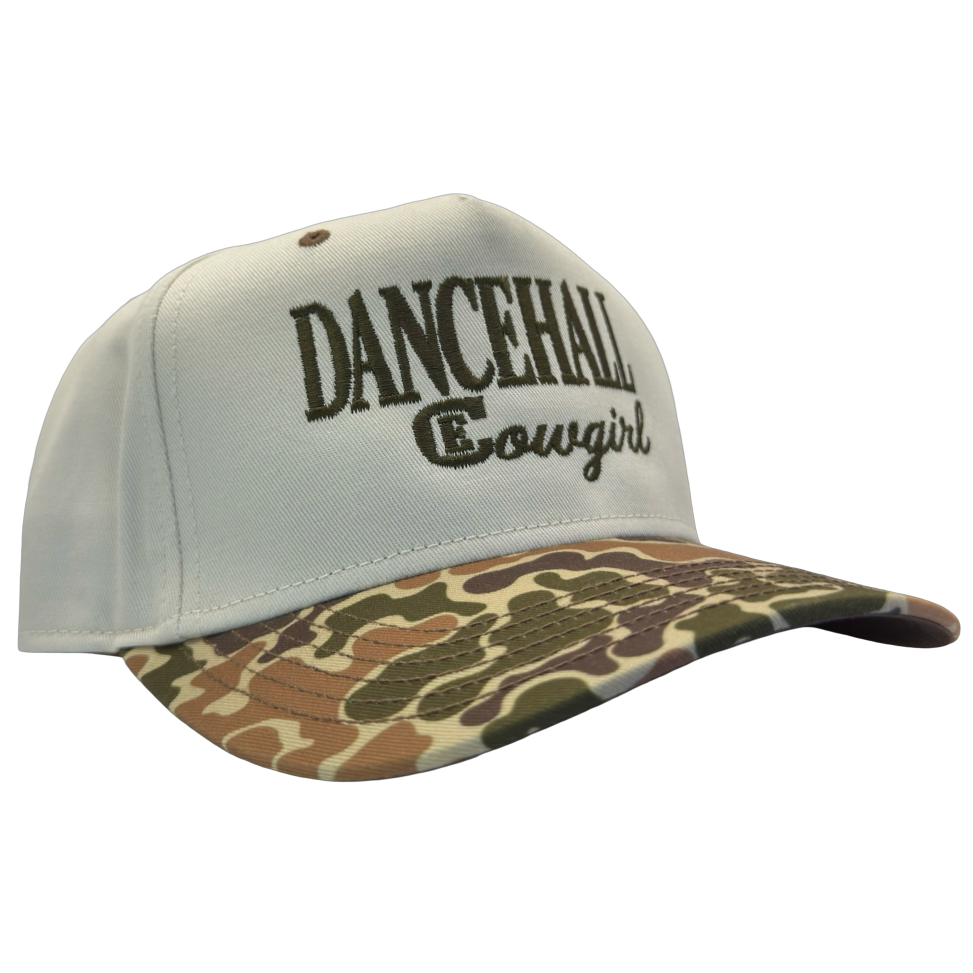 legacy heritage snapback hat with the words dancehall cowgirl and graphic of CE logo #duckcamo