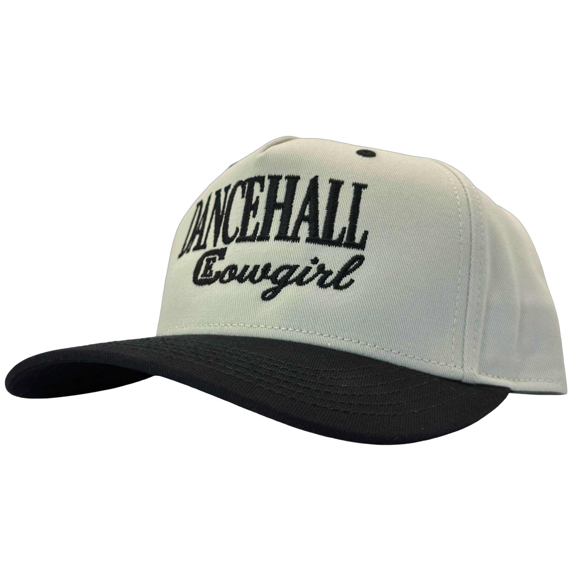 legacy heritage snapback hat with the words dancehall cowgirl and graphic of CE logo #black