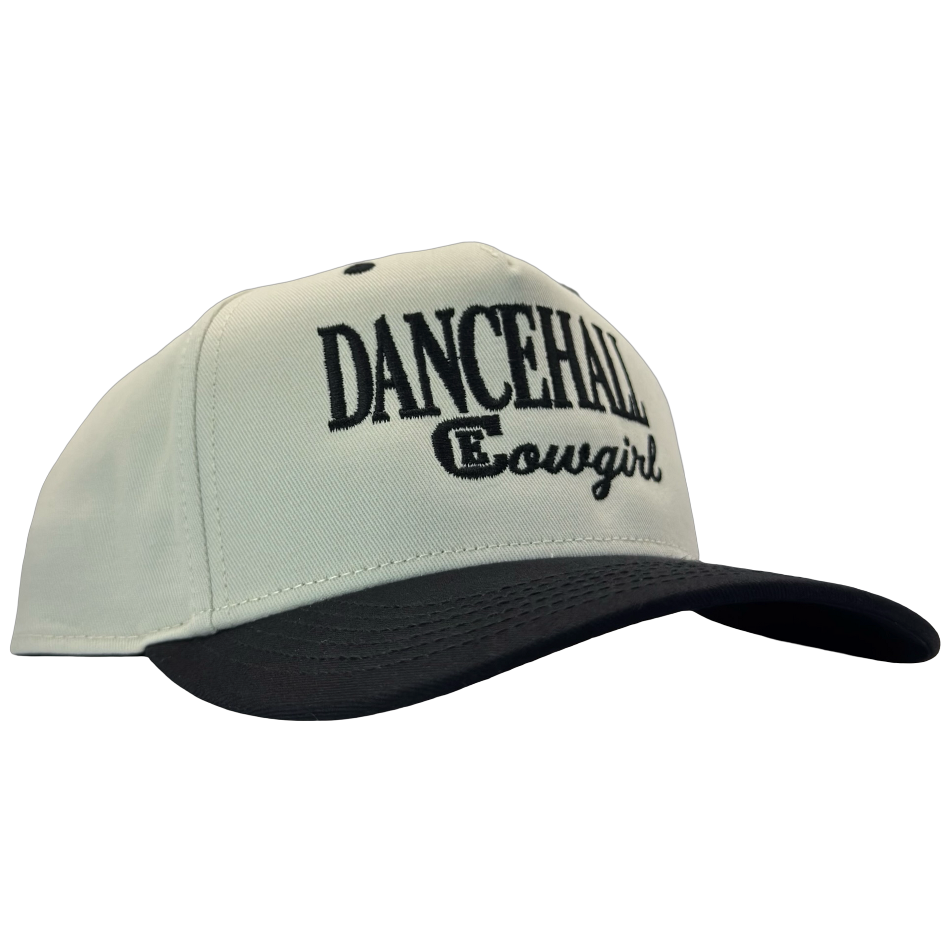 legacy heritage snapback hat with the words dancehall cowgirl and graphic of CE logo #black