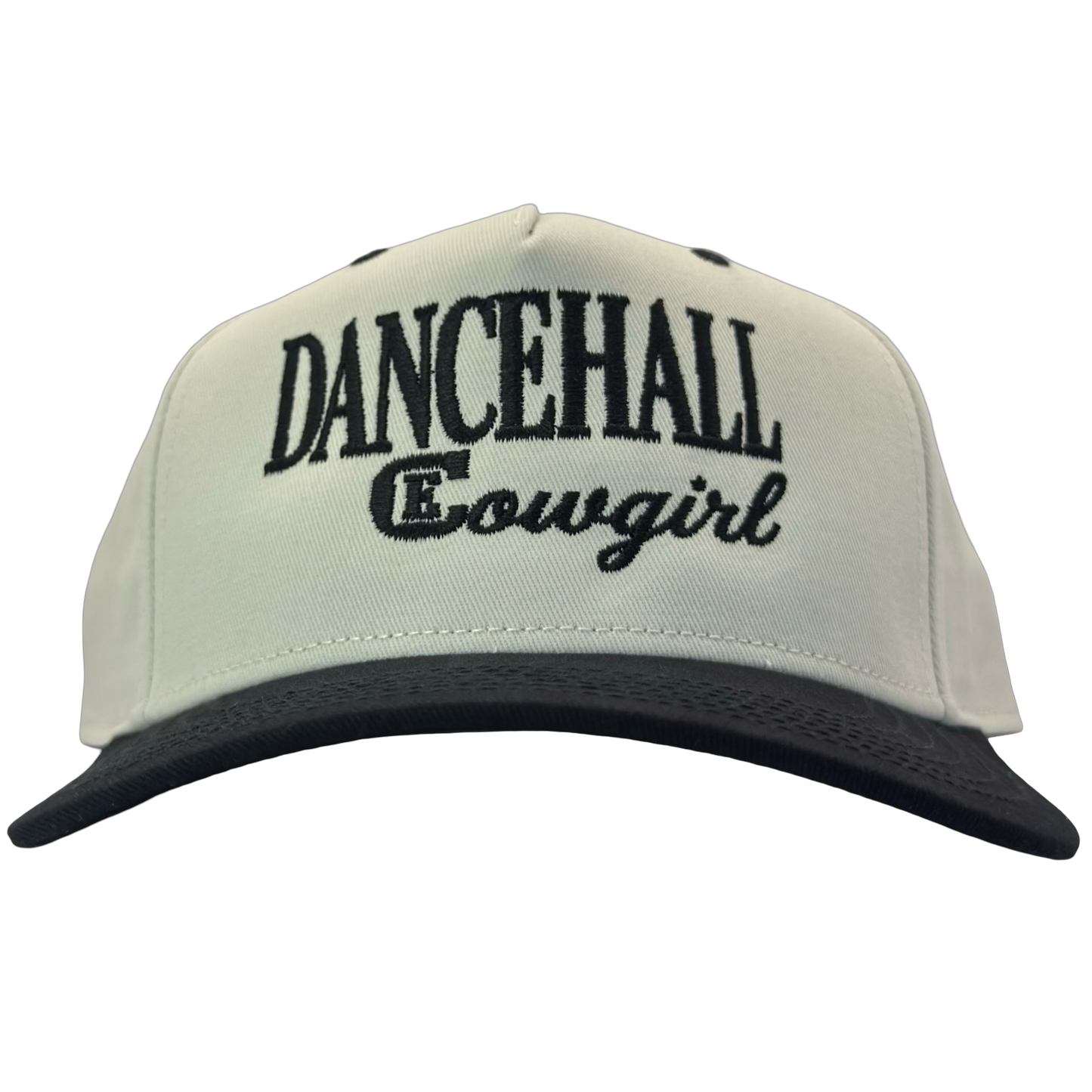 legacy heritage snapback hat with the words dancehall cowgirl and graphic of CE logo #black