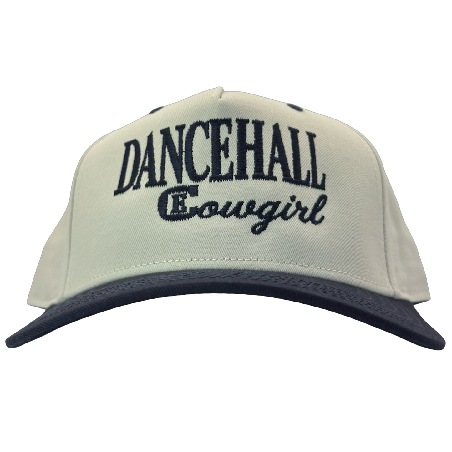legacy heritage snapback hat with the words dancehall cowgirl and graphic of CE logo #navy