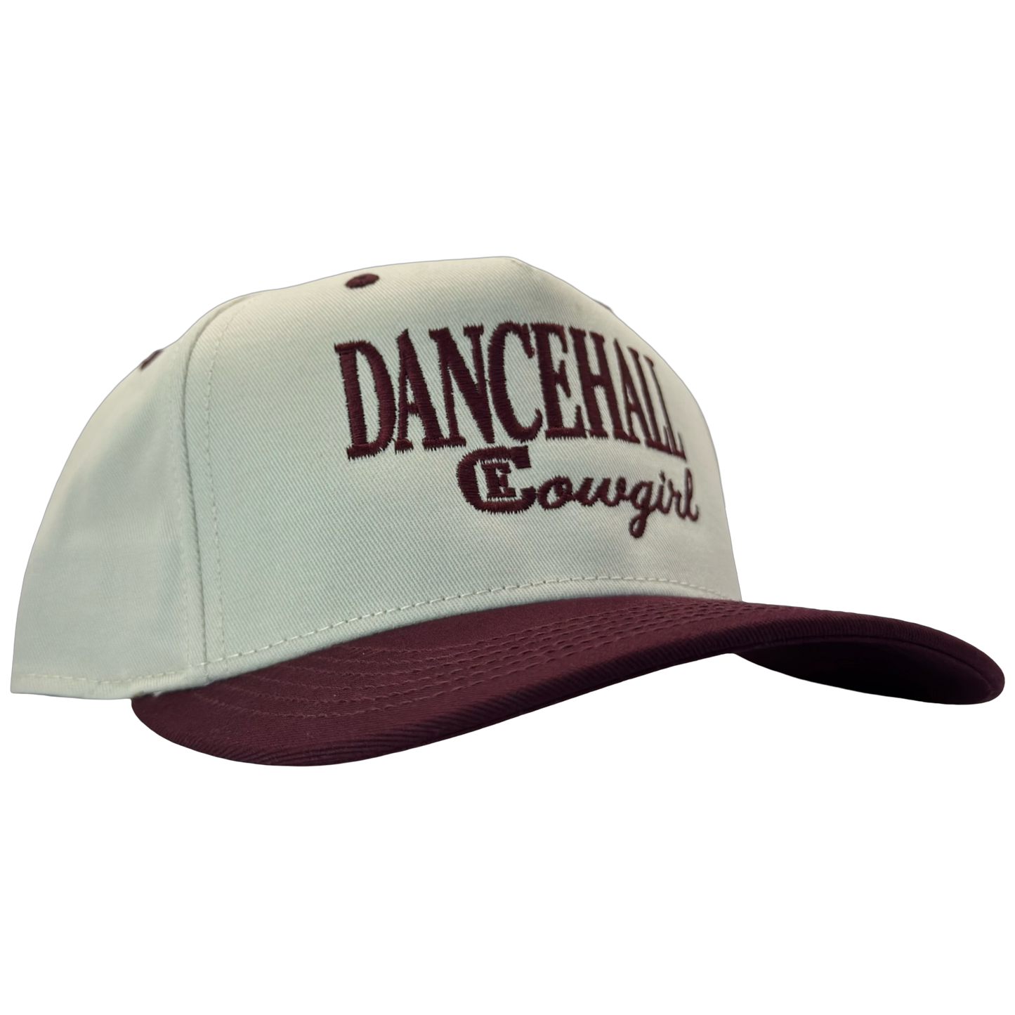 legacy heritage snapback hat with the words dancehall cowgirl and graphic of CE logo #wine