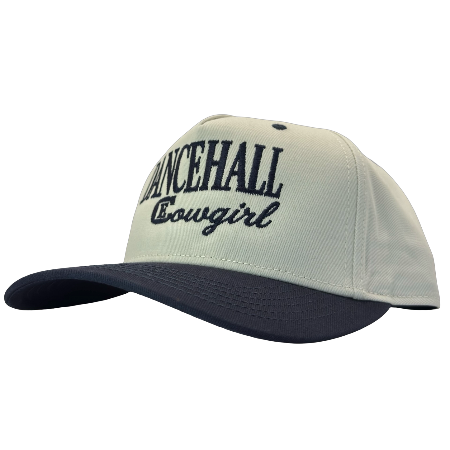 legacy heritage snapback hat with the words dancehall cowgirl and graphic of CE logo #navy