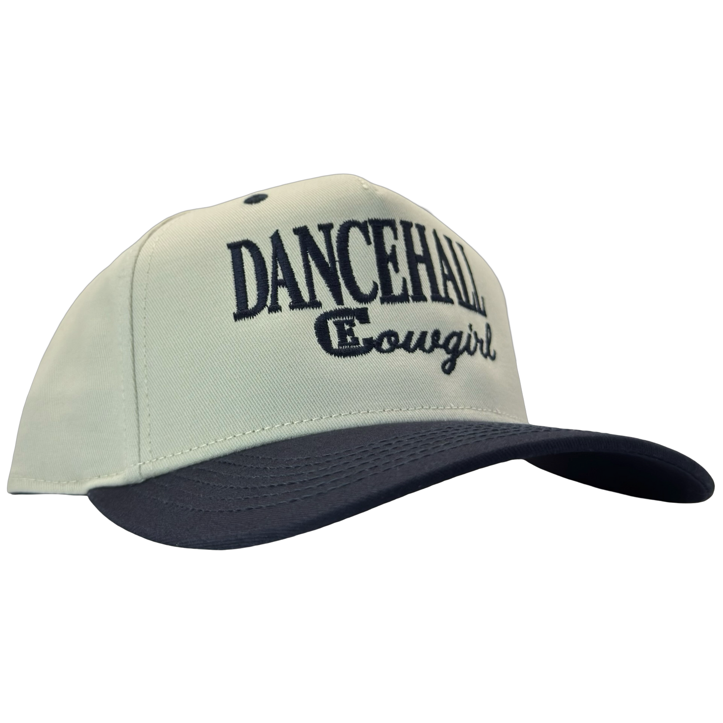 legacy heritage snapback hat with the words dancehall cowgirl and graphic of CE logo #navy