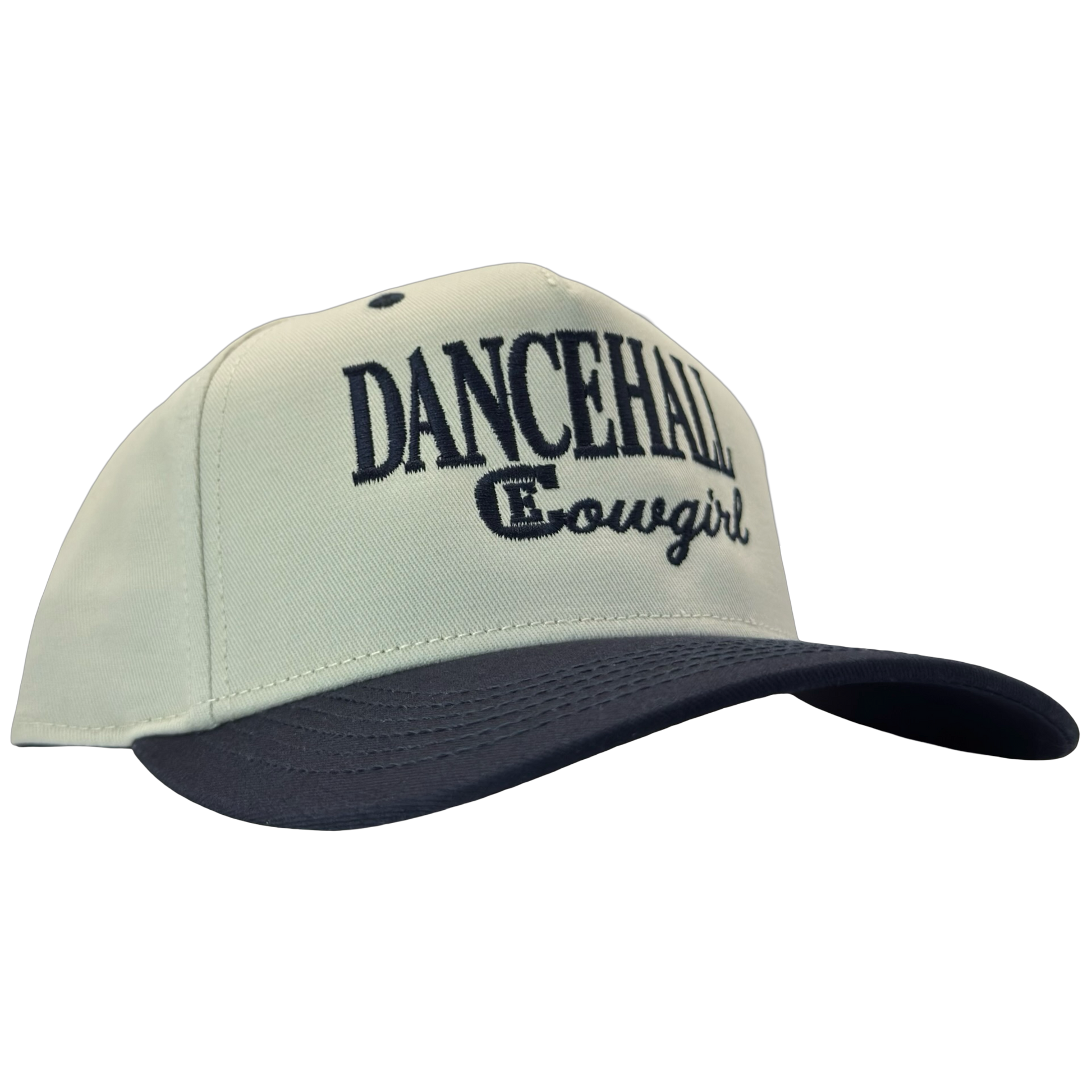 legacy heritage snapback hat with the words dancehall cowgirl and graphic of CE logo #navy