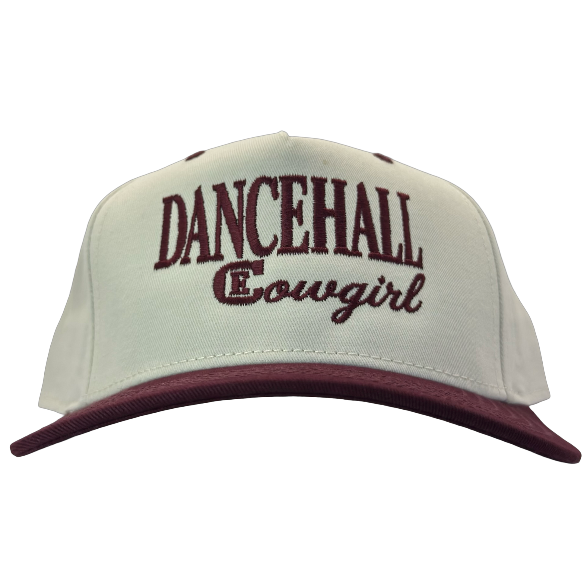 legacy heritage snapback hat with the words dancehall cowgirl and graphic of CE logo #wine