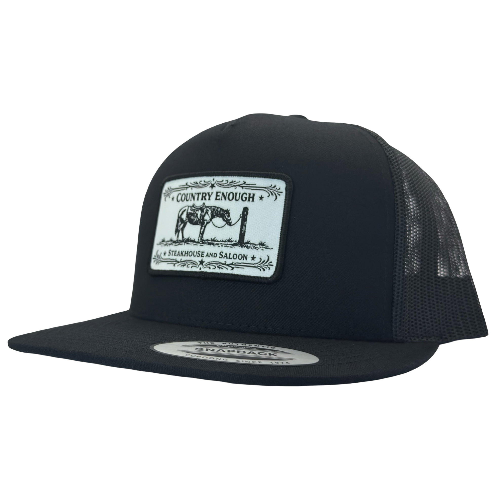 Yupoong 6006 flat bill snapback with a patch that contains a graphic of a horse and says the words country enough steakhouse and saloon #black