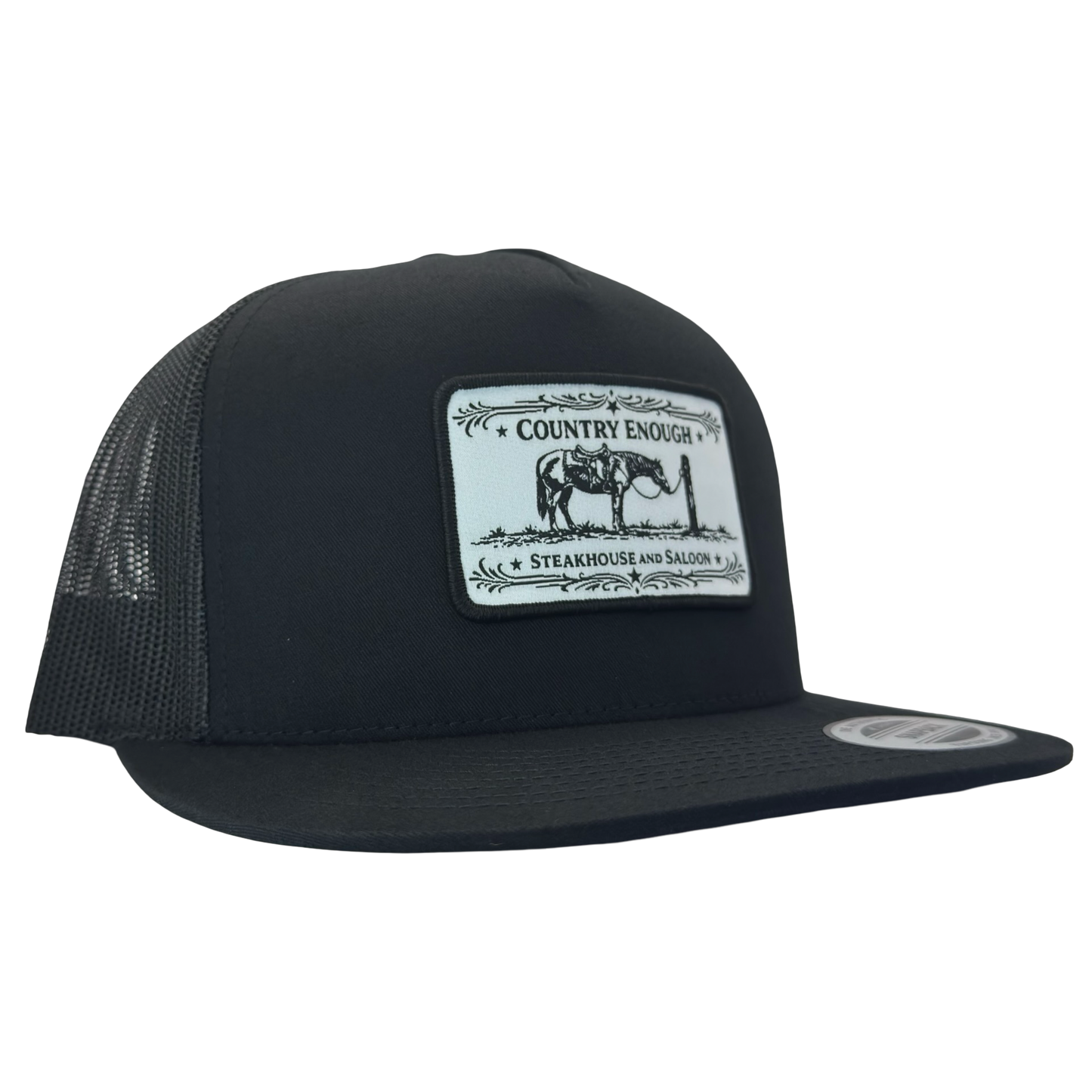 Yupoong 6006 flat bill snapback with a patch that contains a graphic of a horse and says the words country enough steakhouse and saloon #black