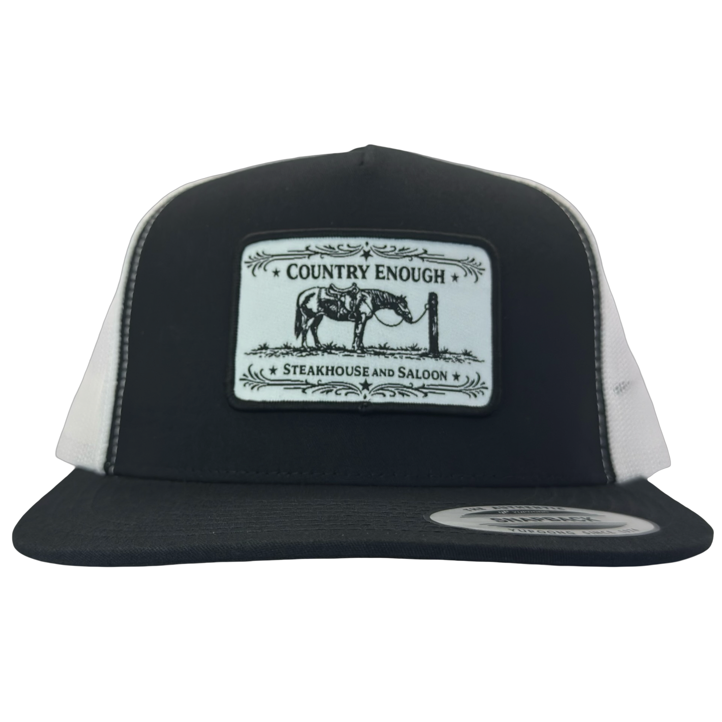 Yupoong 6006 flat bill snapback with a patch that contains a graphic of a horse and says the words country enough steakhouse and saloon #black/white