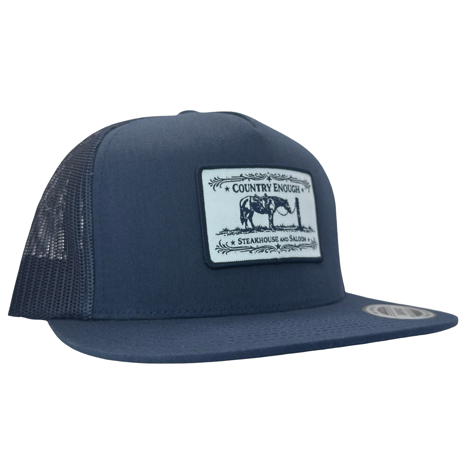 Yupoong 6006 flat bill snapback with a patch that contains a graphic of a horse and says the words country enough steakhouse and saloon #navy
