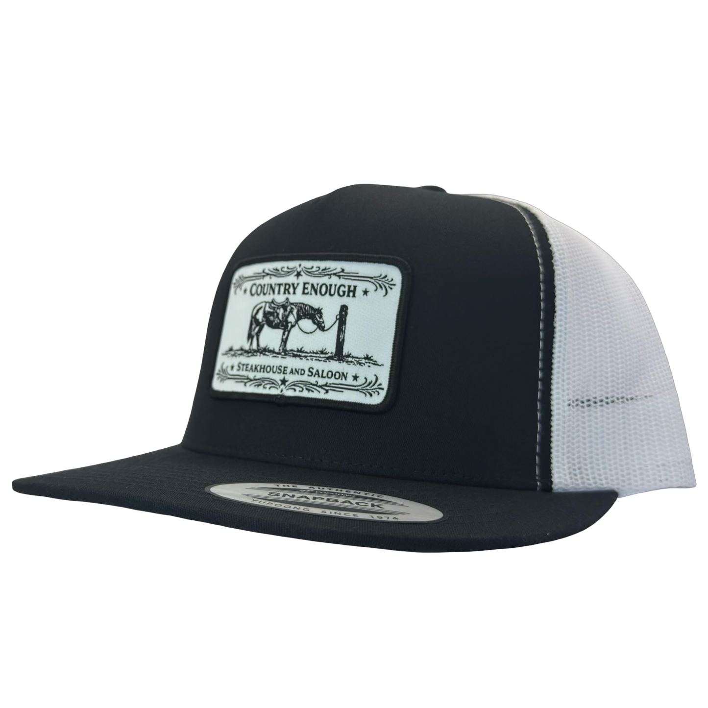 Yupoong 6006 flat bill snapback with a patch that contains a graphic of a horse and says the words country enough steakhouse and saloon #black/white
