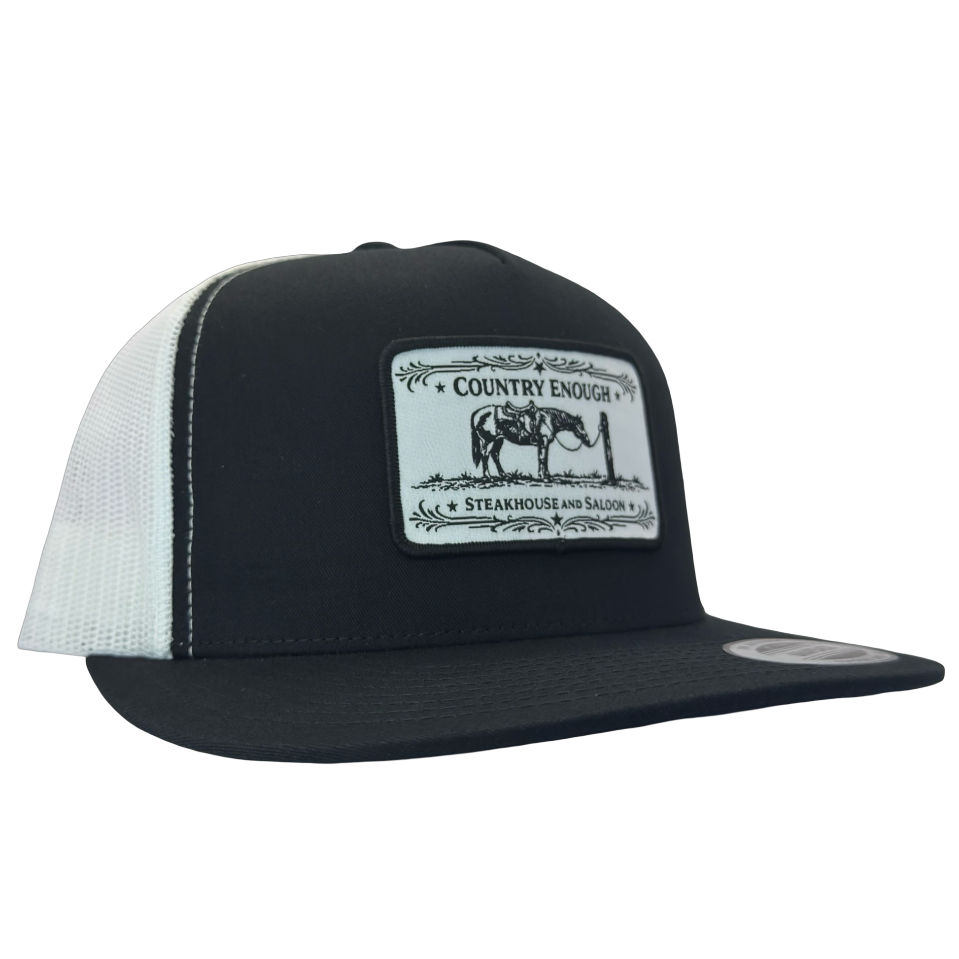 Yupoong 6006 flat bill snapback with a patch that contains a graphic of a horse and says the words country enough steakhouse and saloon #black/white