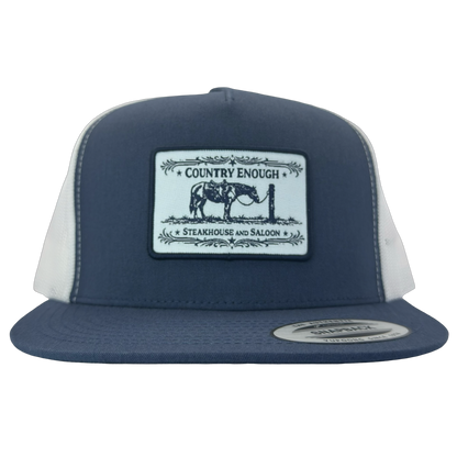Yupoong 6006 flat bill snapback with a patch that contains a graphic of a horse and says the words country enough steakhouse and saloon #navy/white