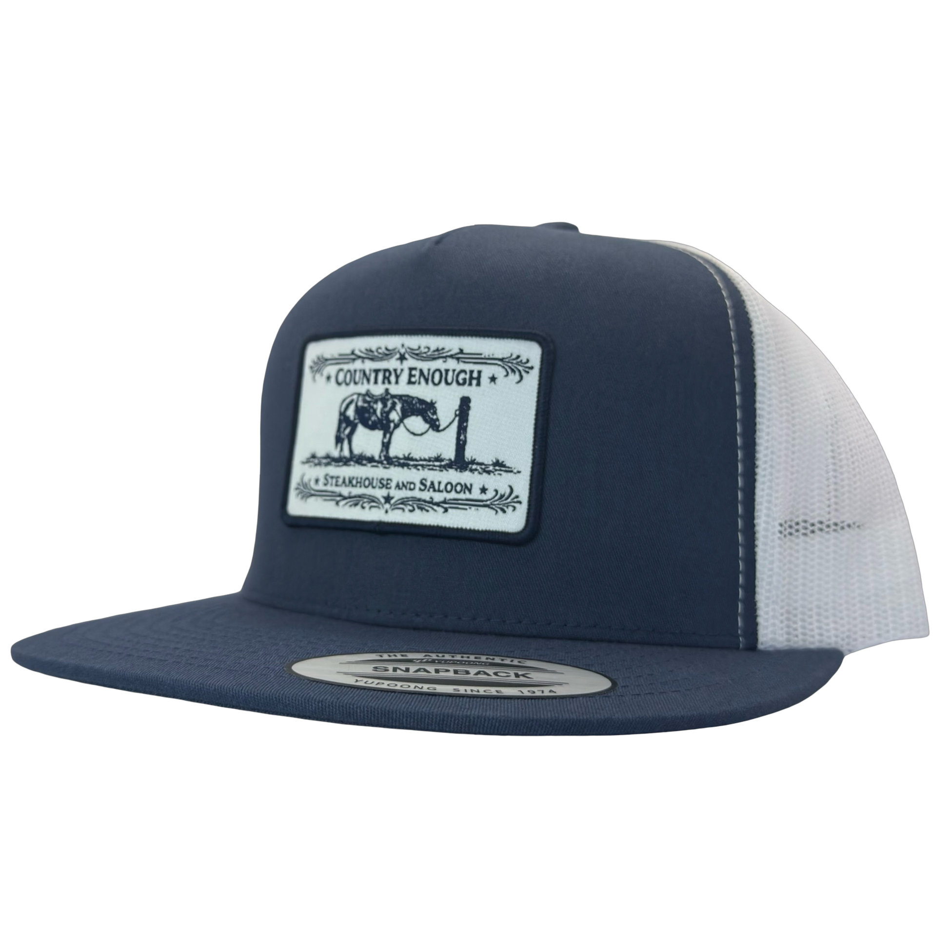Yupoong 6006 flat bill snapback with a patch that contains a graphic of a horse and says the words country enough steakhouse and saloon #navy/white