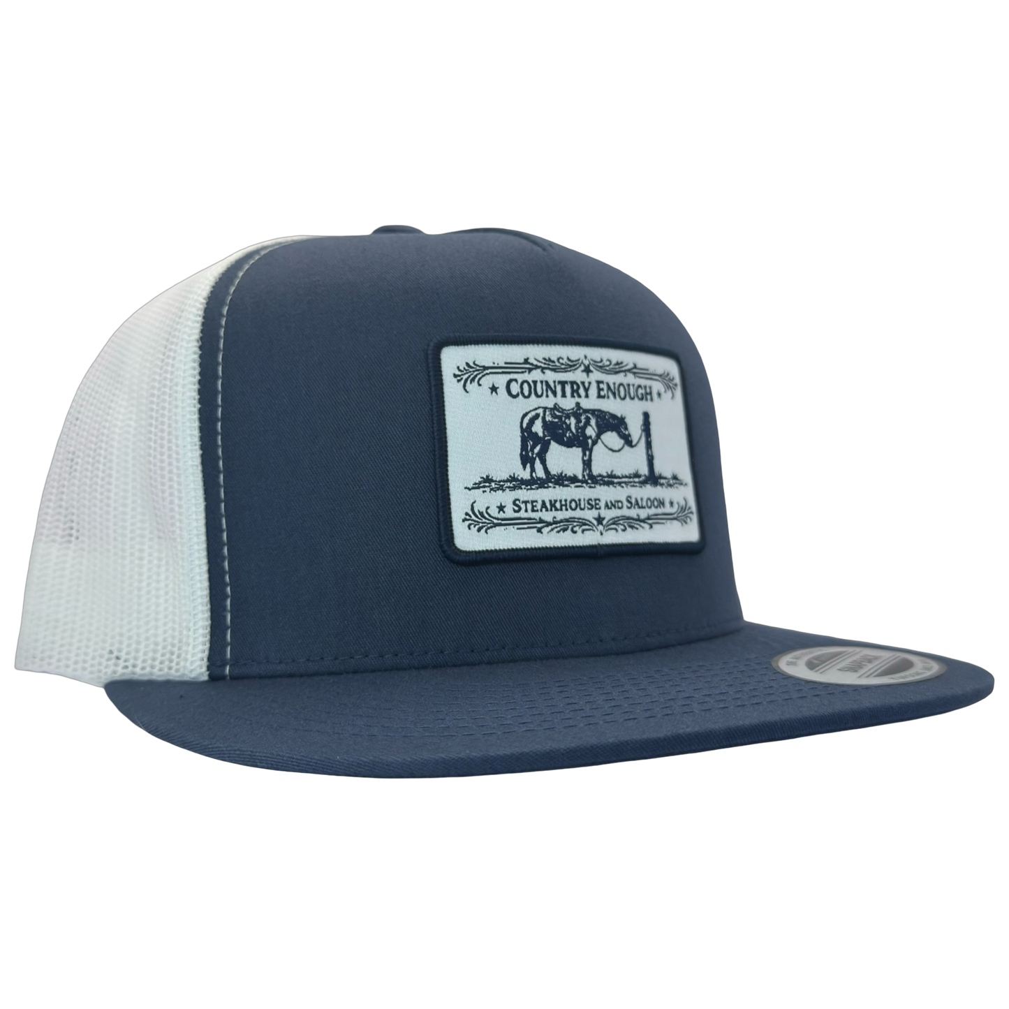 Yupoong 6006 flat bill snapback with a patch that contains a graphic of a horse and says the words country enough steakhouse and saloon #navy/white