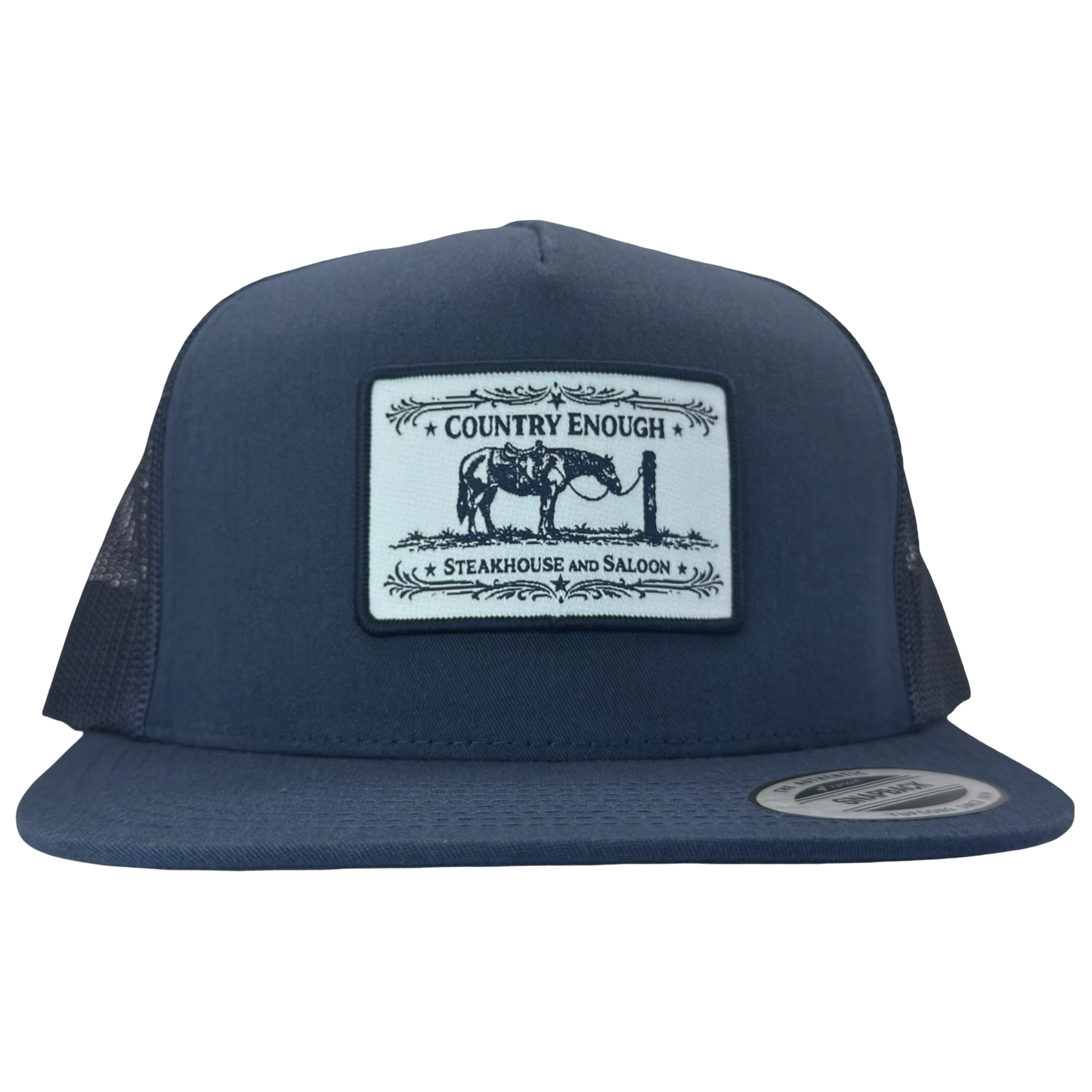 Yupoong 6006 flat bill snapback with a patch that contains a graphic of a horse and says the words country enough steakhouse and saloon #navy