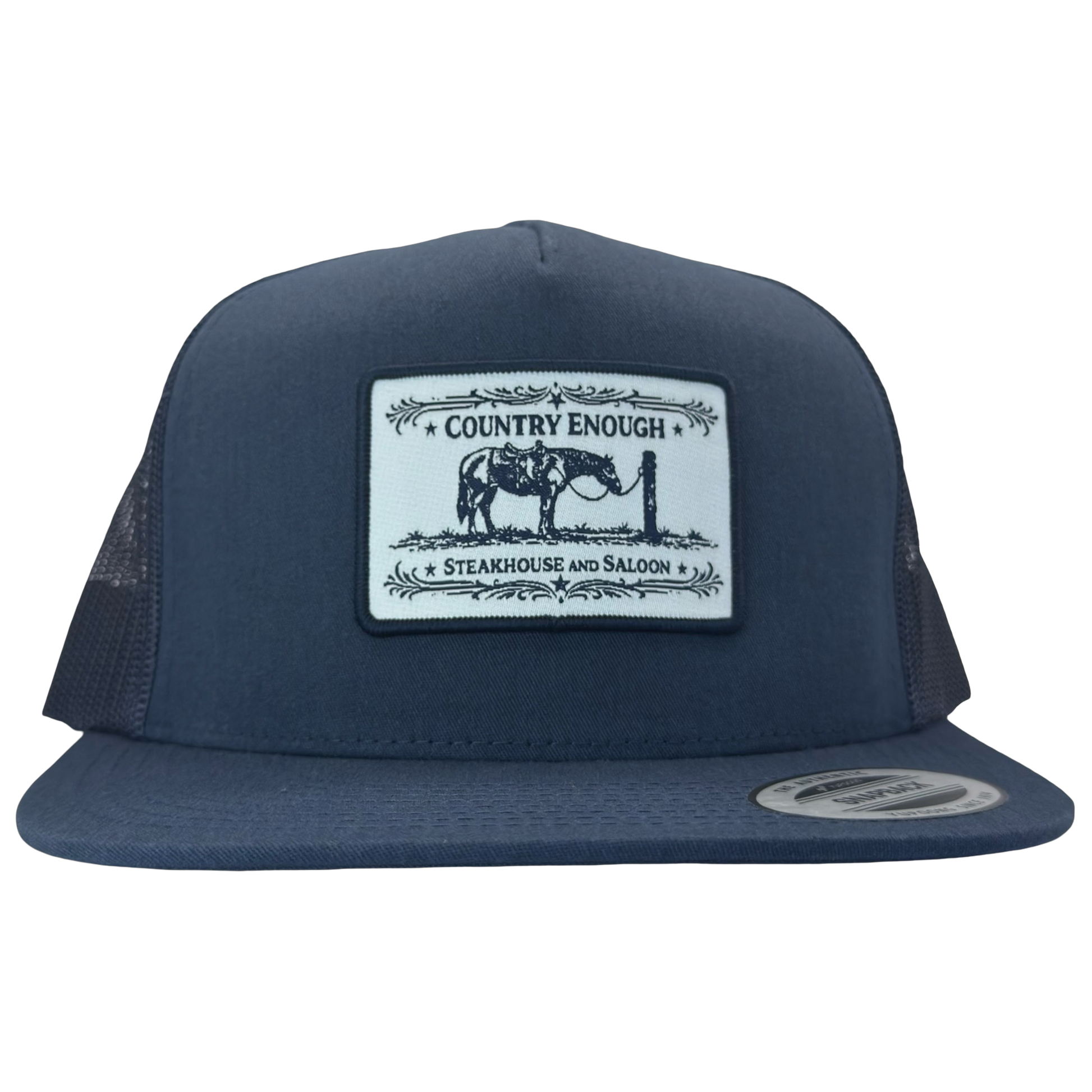 Yupoong 6006 flat bill snapback with a patch that contains a graphic of a horse and says the words country enough steakhouse and saloon #navy