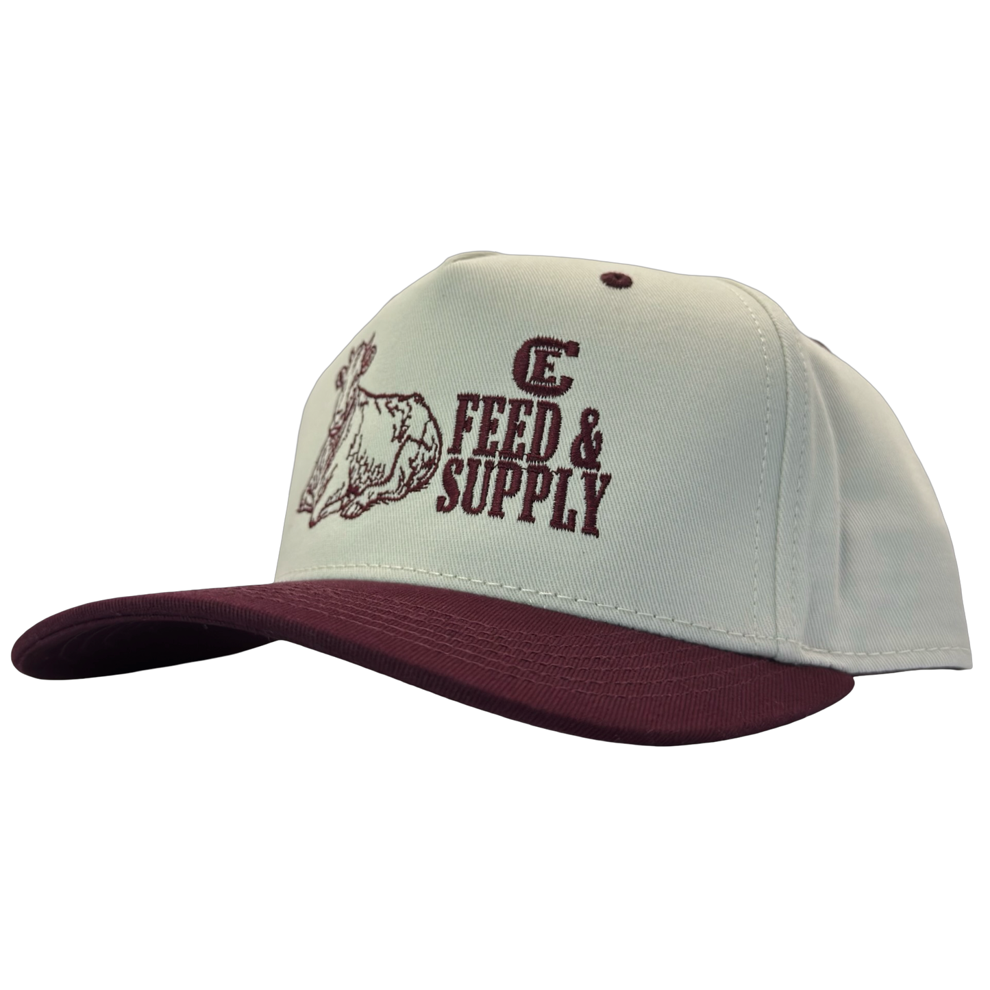 Legacy Heritage HTA snapback with graphic of a cow and the words feed & supply with CE logo #wine