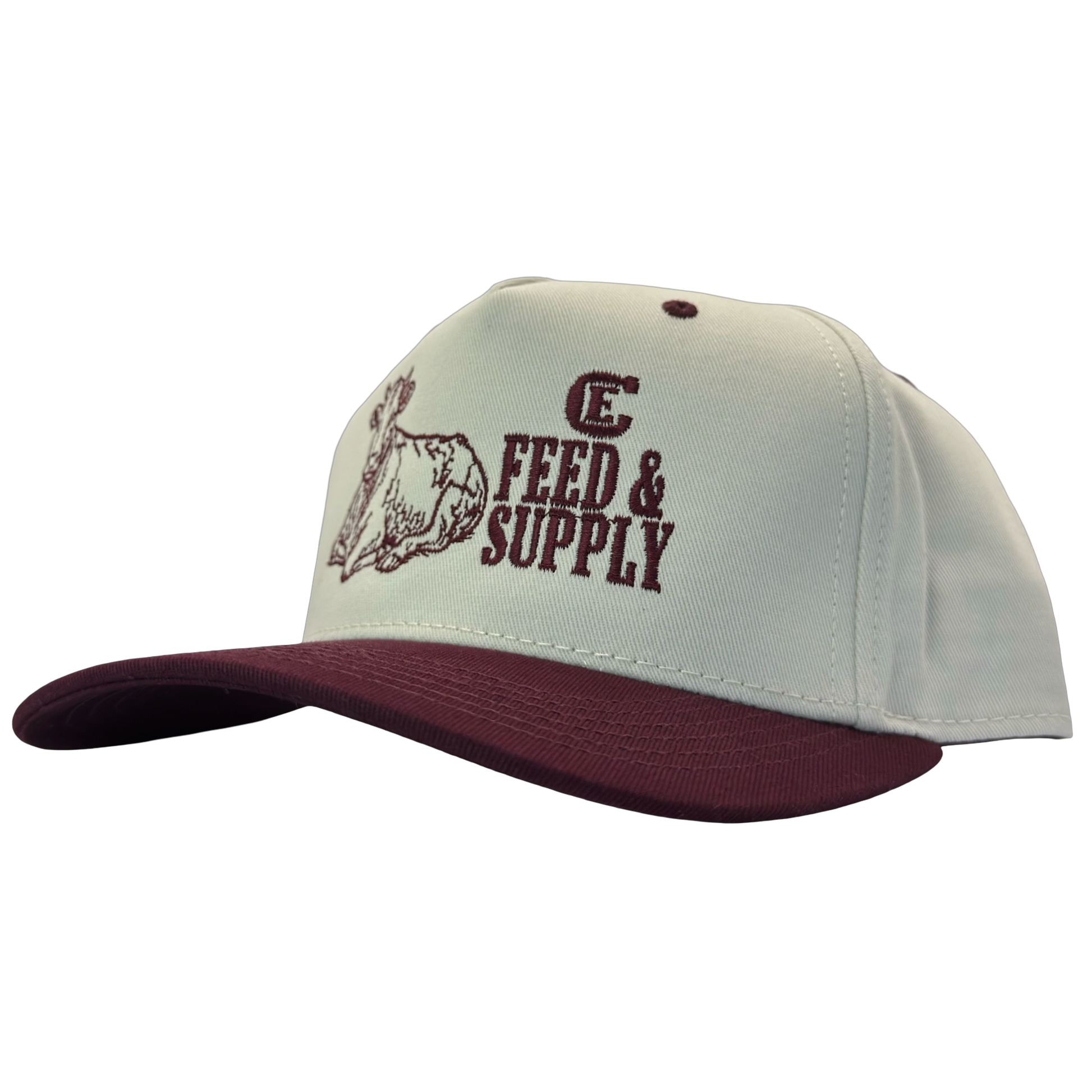 Legacy Heritage HTA snapback with graphic of a cow and the words feed & supply with CE logo #wine