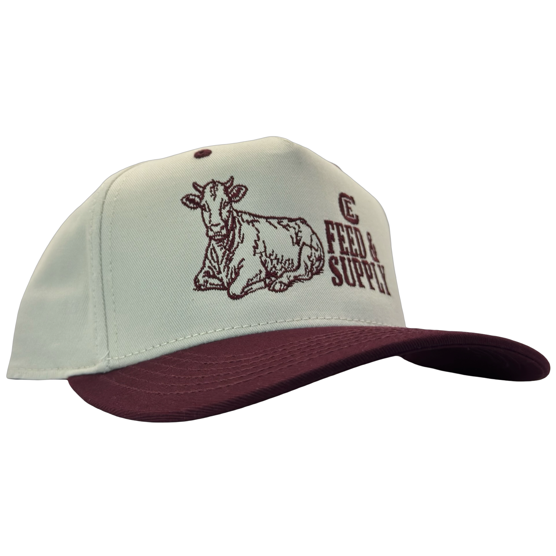 Legacy Heritage HTA snapback with graphic of a cow and the words feed & supply with CE logo #wine