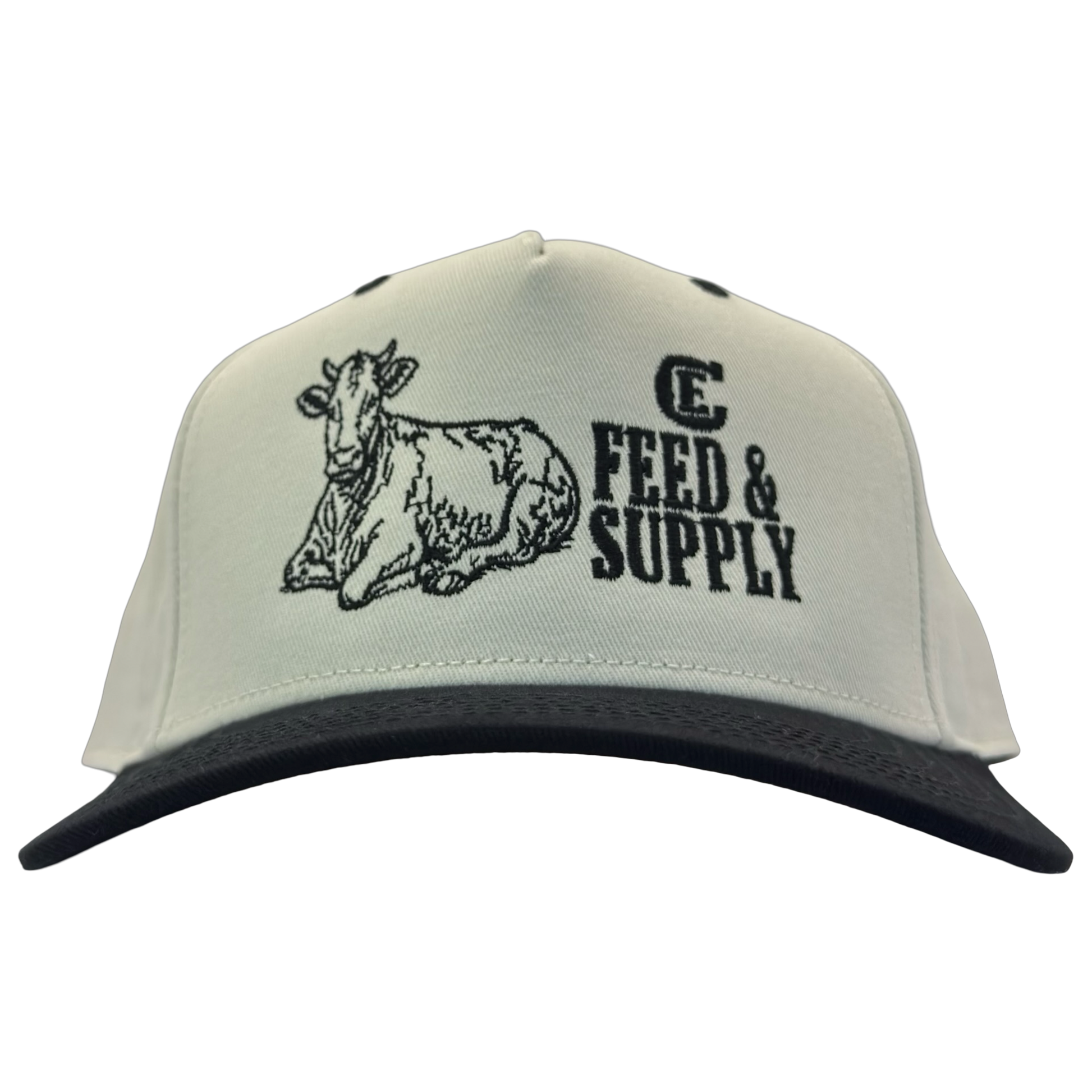 Legacy Heritage HTA snapback with graphic of a cow and the words feed & supply with CE logo #black