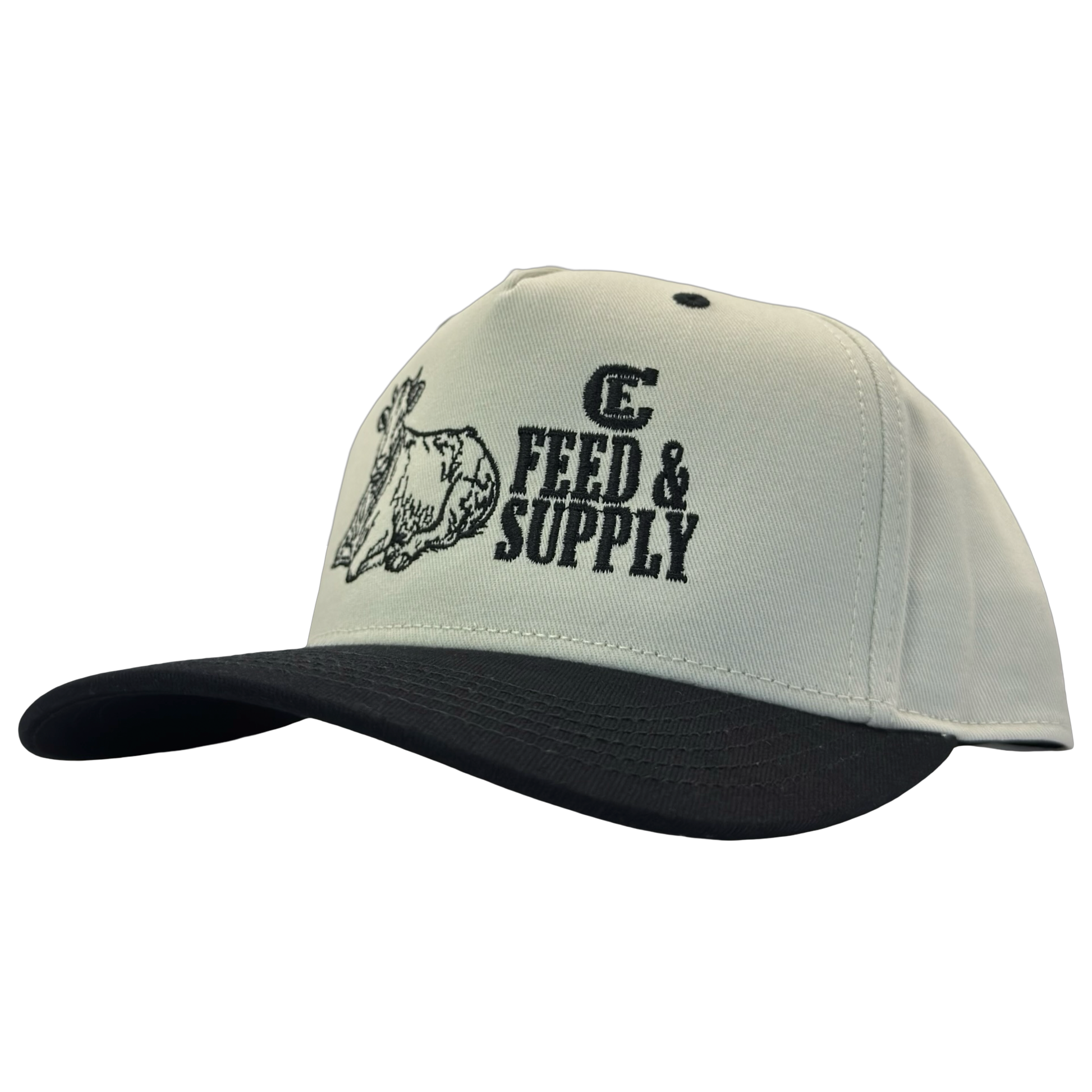 Legacy Heritage HTA snapback with graphic of a cow and the words feed & supply with CE logo #black