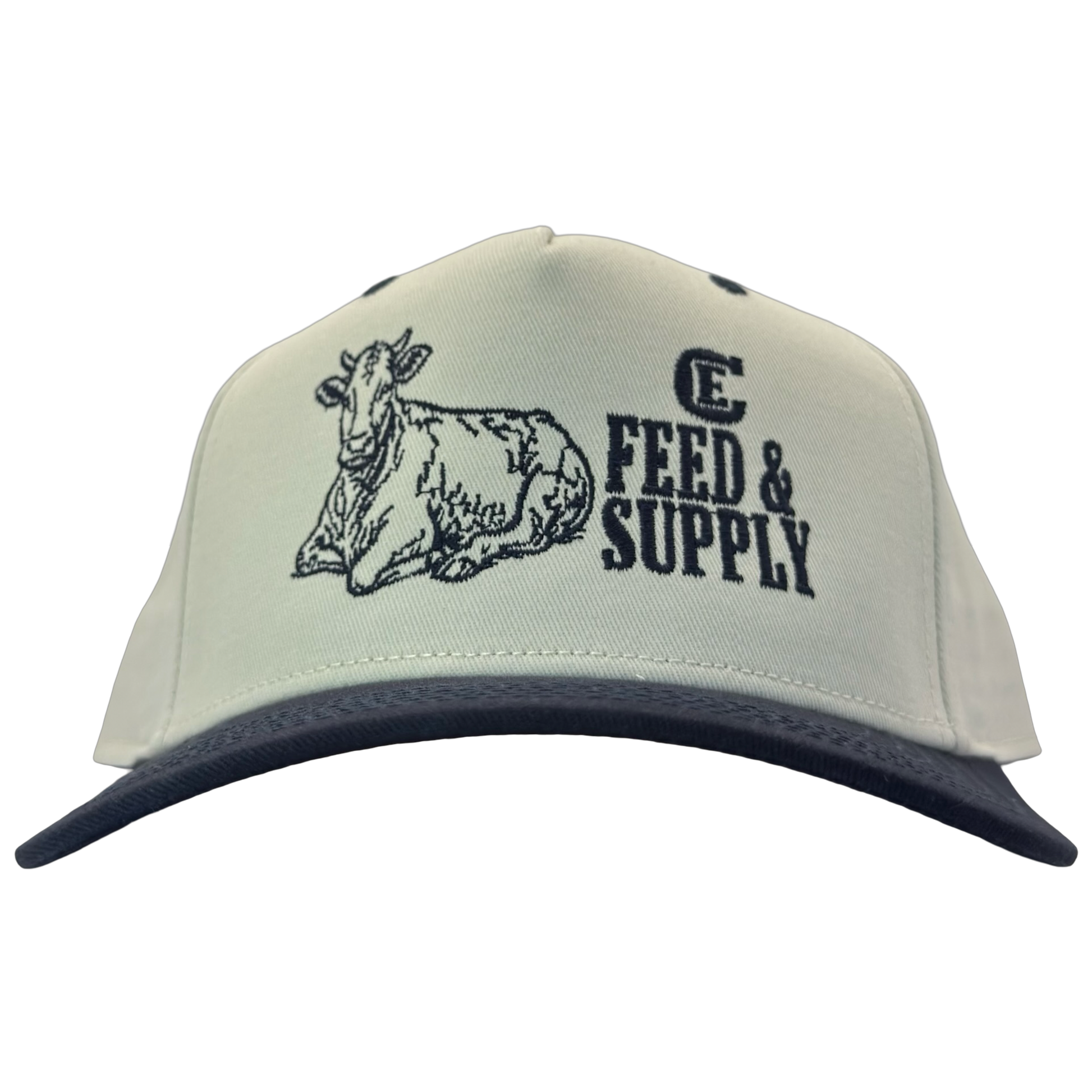 Legacy Heritage HTA snapback with graphic of a cow and the words feed & supply with CE logo #navy