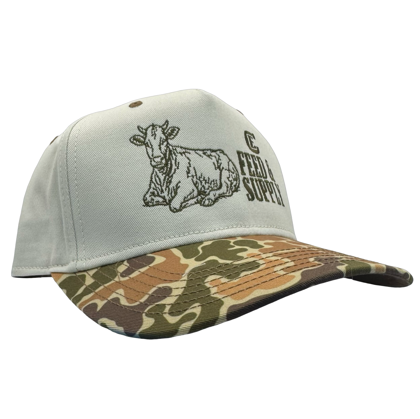 Legacy Heritage HTA snapback with graphic of a cow and the words feed & supply with CE logo #duckcamo