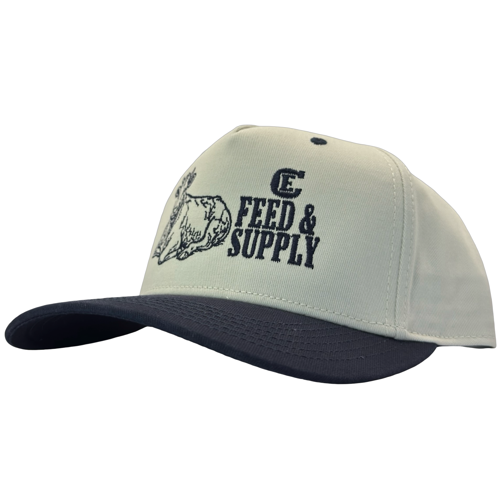 Legacy Heritage HTA snapback with graphic of a cow and the words feed & supply with CE logo #navy