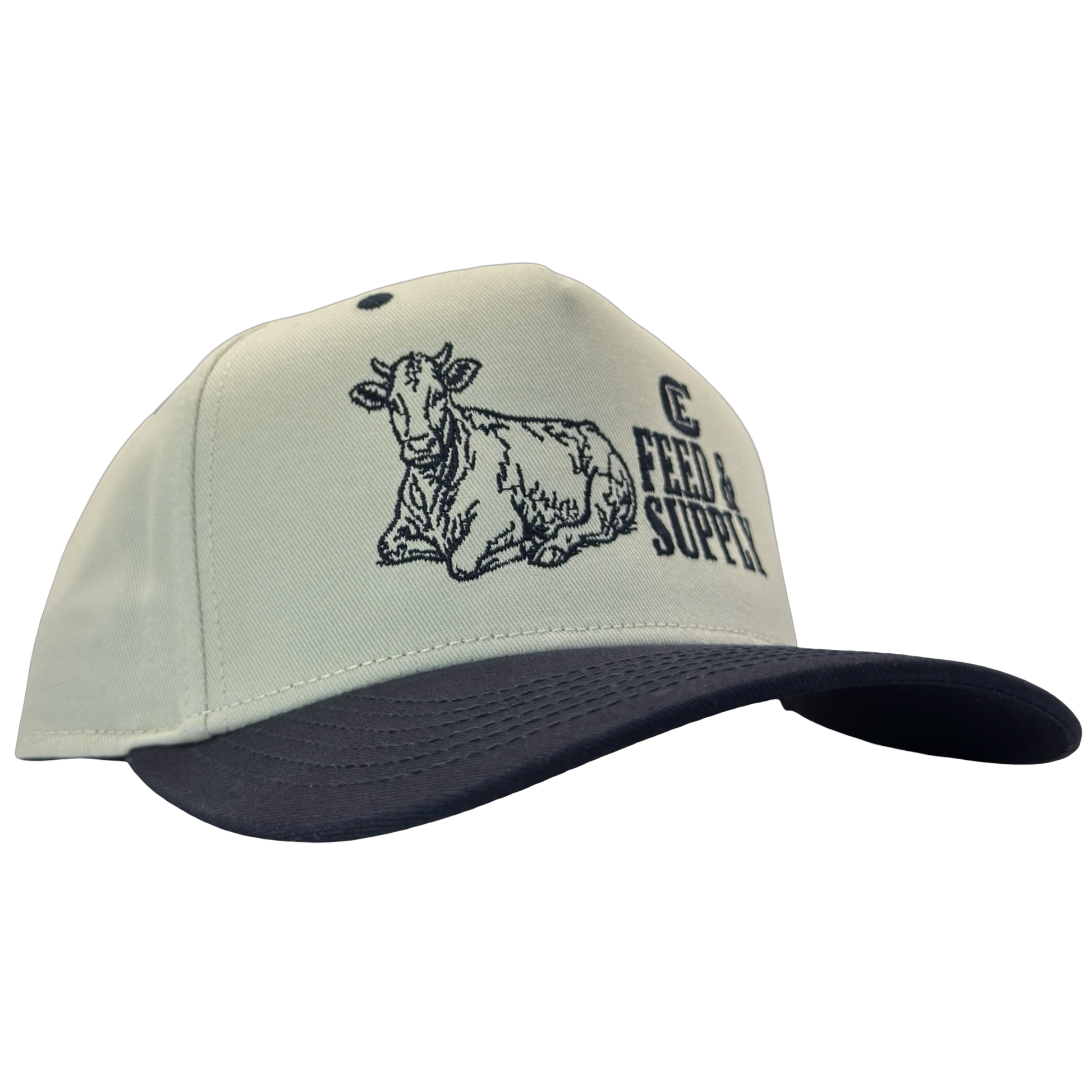 Legacy Heritage HTA snapback with graphic of a cow and the words feed & supply with CE logo #navy