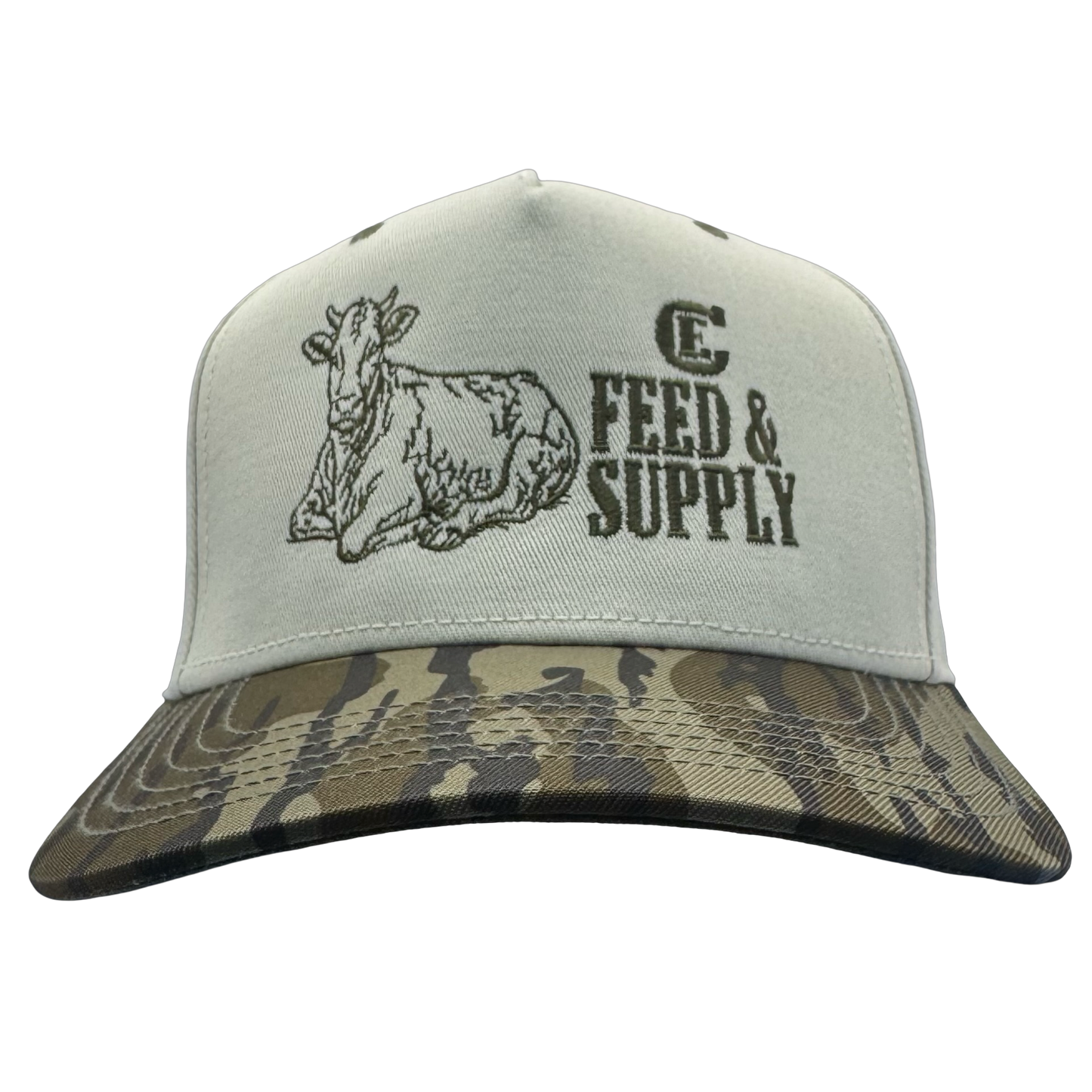 Legacy Heritage HTA snapback with graphic of a cow and the words feed & supply with CE logo #bottomland