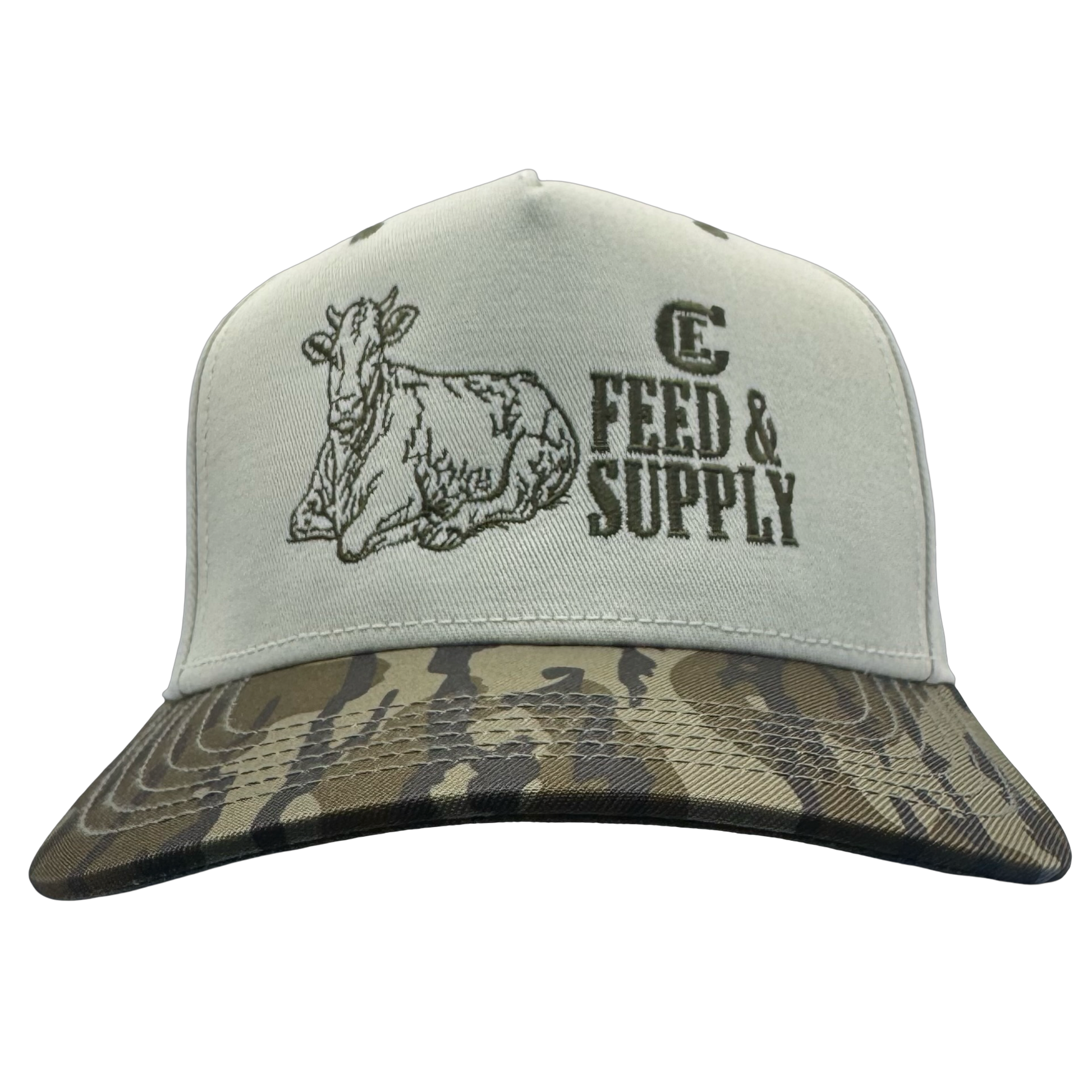 Legacy Heritage HTA snapback with graphic of a cow and the words feed & supply with CE logo #bottomland