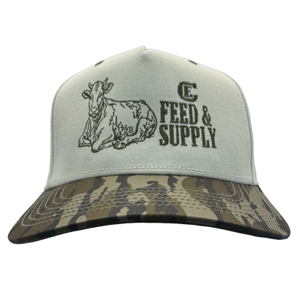 Legacy Heritage HTA snapback with graphic of a cow and the words feed & supply with CE logo #bottomland
