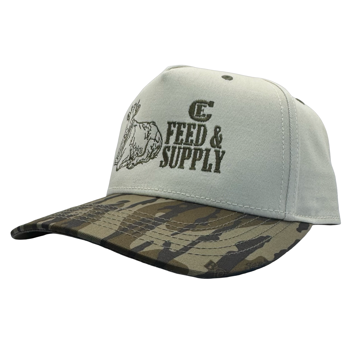 Legacy Heritage HTA snapback with graphic of a cow and the words feed & supply with CE logo #bottomland