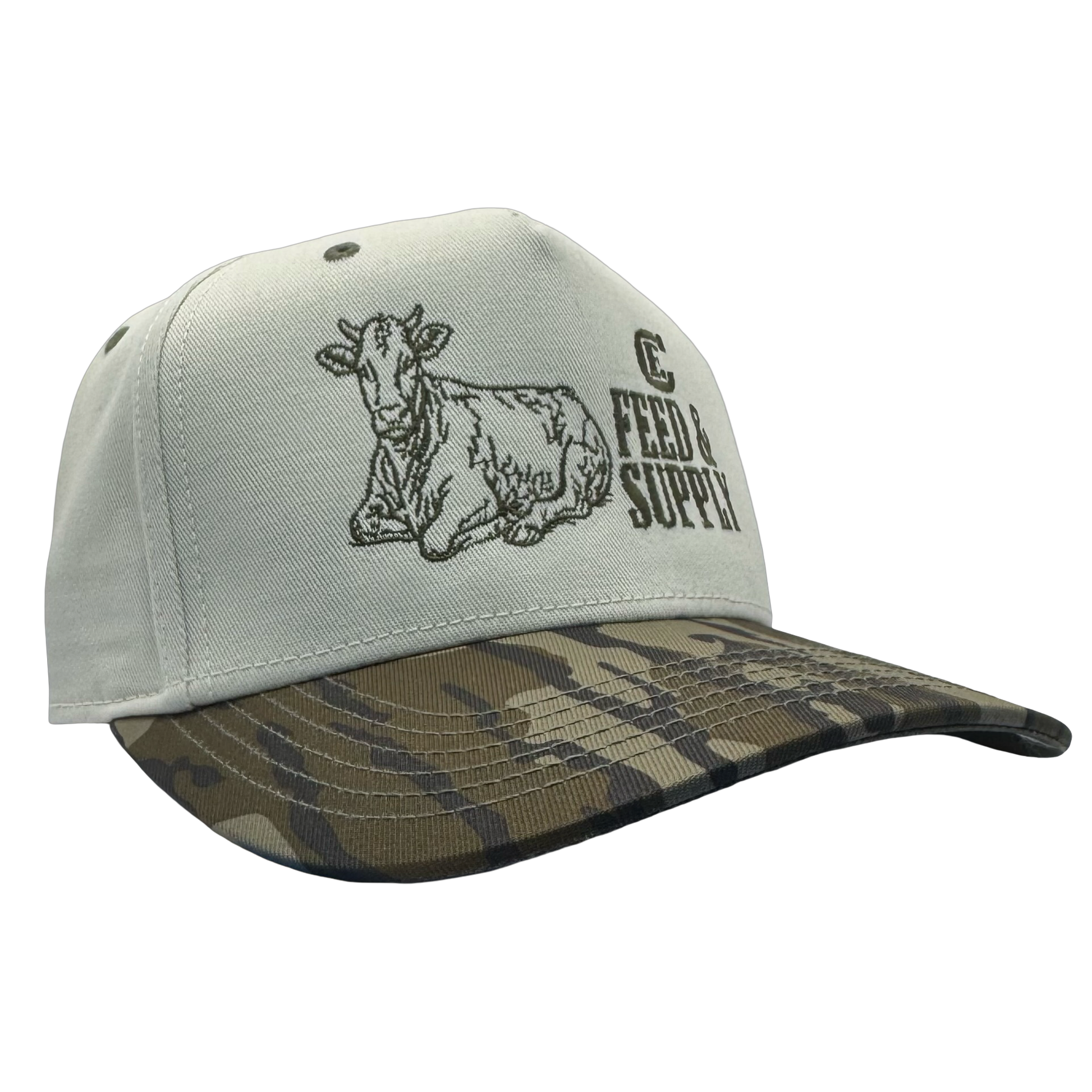 Legacy Heritage HTA snapback with graphic of a cow and the words feed & supply with CE logo #bottomland