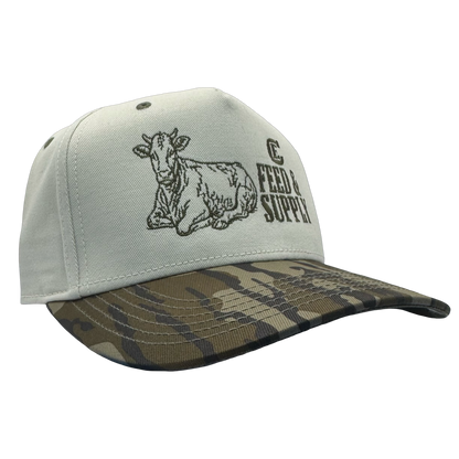 Legacy Heritage HTA snapback with graphic of a cow and the words feed & supply with CE logo #bottomland