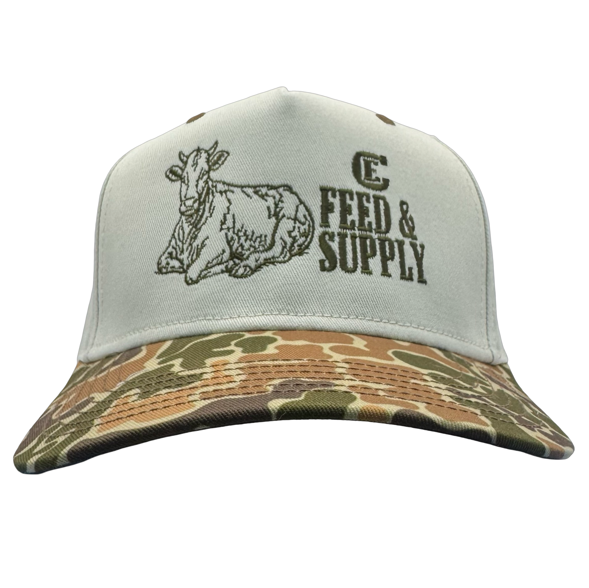 Legacy Heritage HTA snapback with graphic of a cow and the words feed & supply with CE logo #duckcamo