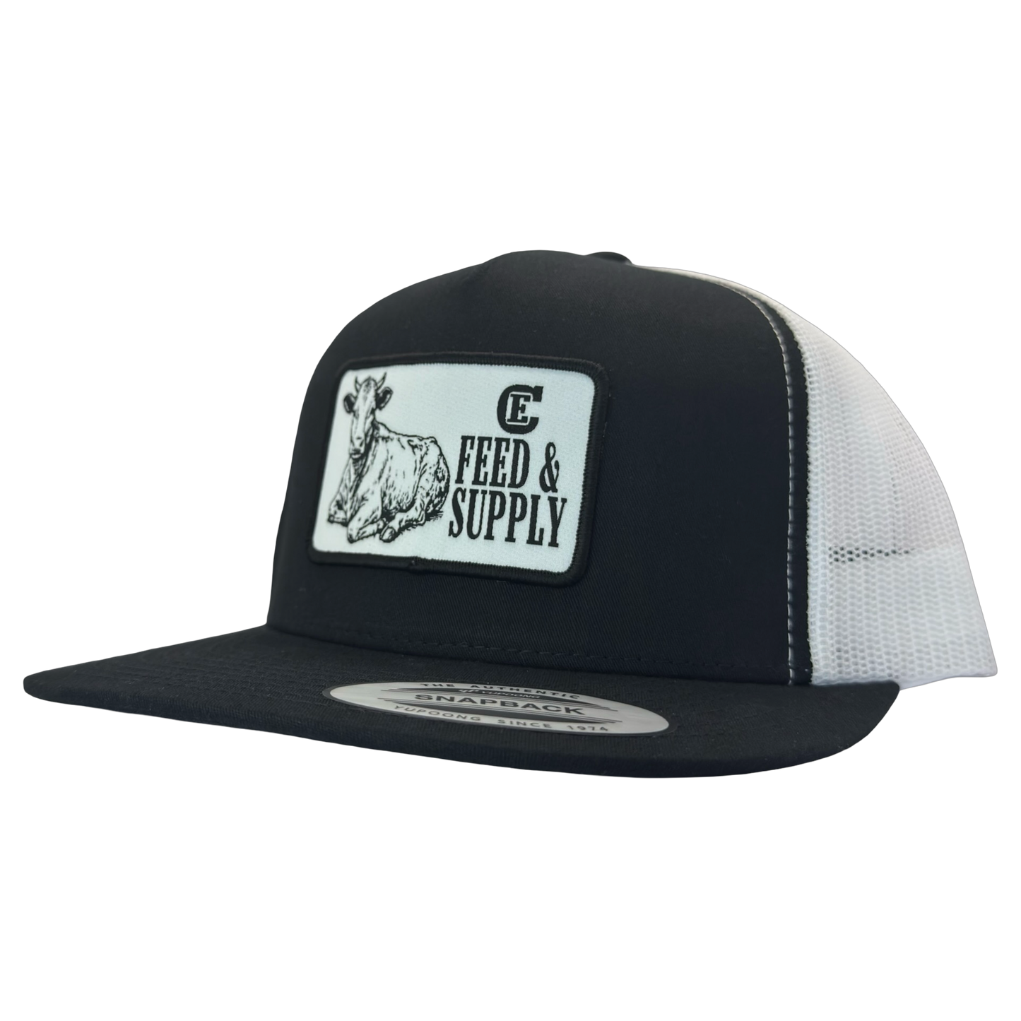 Yupoong 6006 snapback hat with patch that contains graphic of a sitting cow, the words Feed & Supply, and the CE logo. #black/white