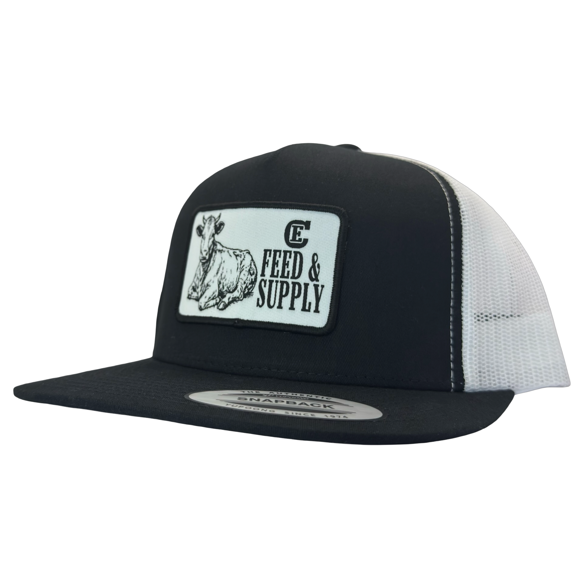 Yupoong 6006 snapback hat with patch that contains graphic of a sitting cow, the words Feed & Supply, and the CE logo. #black/white