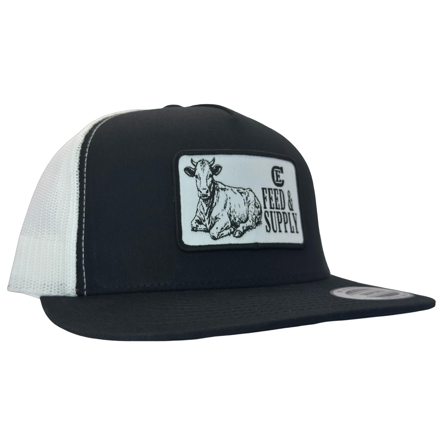Yupoong 6006 snapback hat with patch that contains graphic of a sitting cow, the words Feed & Supply, and the CE logo. #black/white