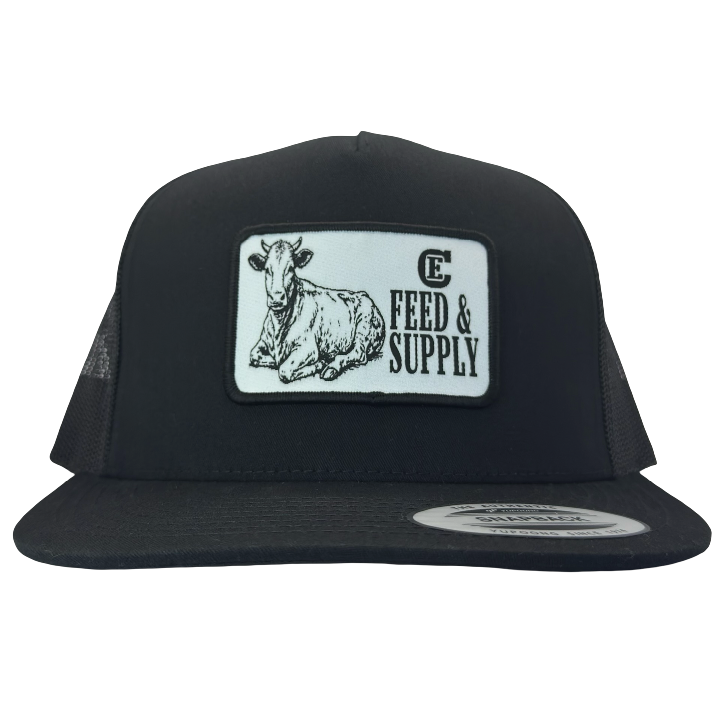 Yupoong 6006 snapback hat with patch that contains graphic of a sitting cow, the words Feed & Supply, and the CE logo. #black