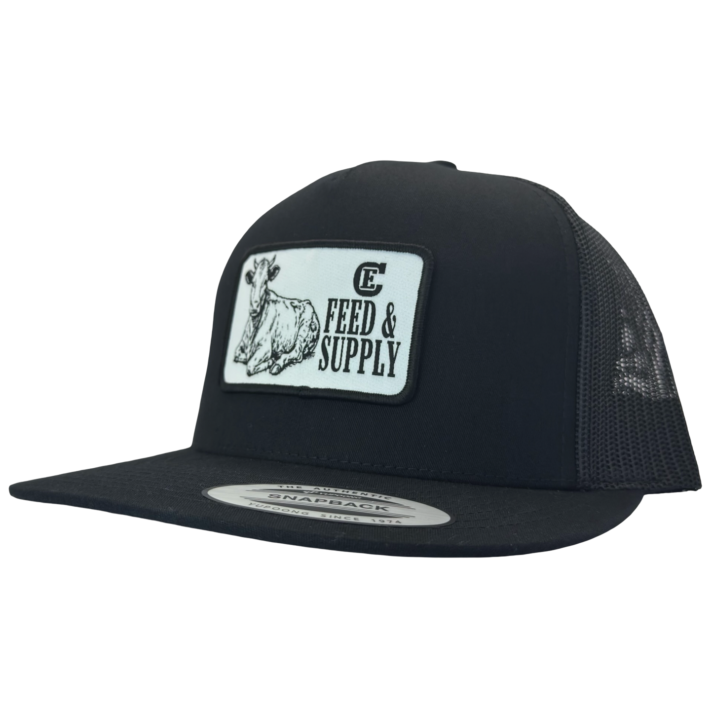 Yupoong 6006 snapback hat with patch that contains graphic of a sitting cow, the words Feed & Supply, and the CE logo. #black