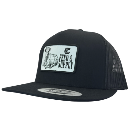 Yupoong 6006 snapback hat with patch that contains graphic of a sitting cow, the words Feed & Supply, and the CE logo. #black
